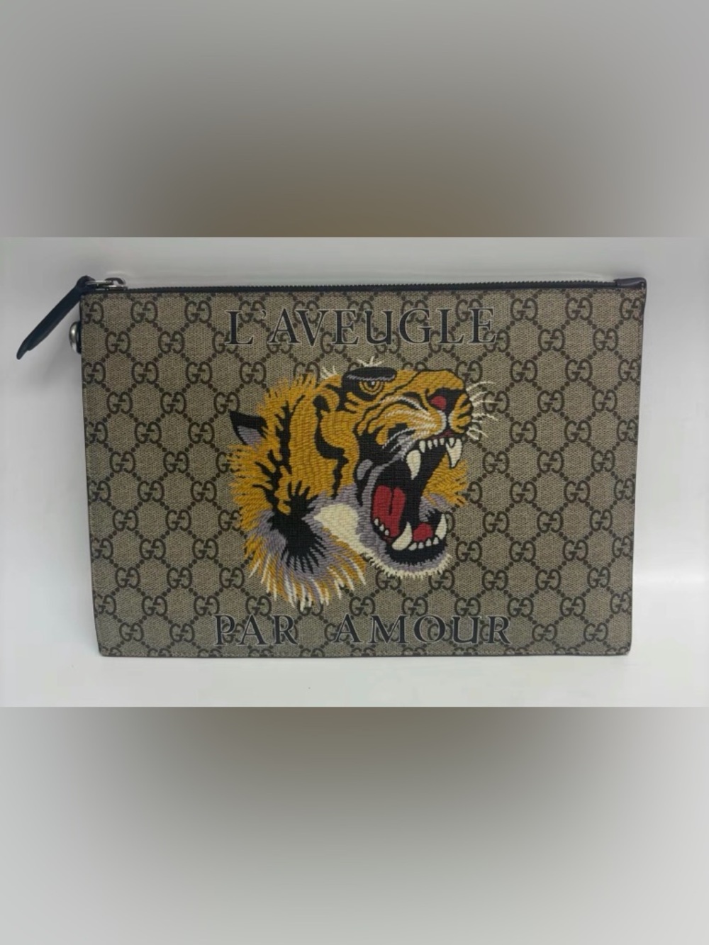 Gucci Beige Brown Canvas Tote with Yellow Tiger Embroidery